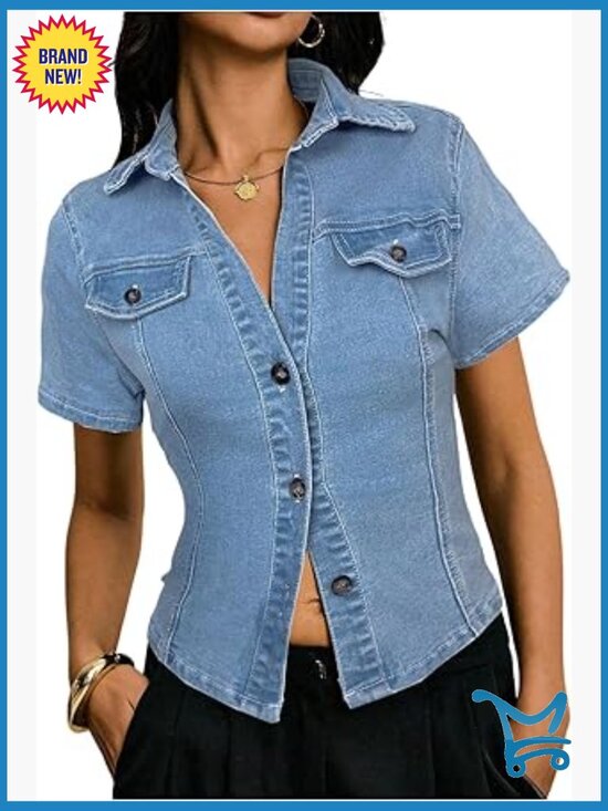 Jackets & Blazers - Short Sleeve Button Down Denim Jacket Y2K Fitted Jean Shirt Top